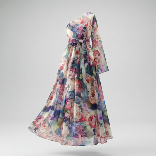 Claudia One-Shoulder Maxi Dress in Midnight Bloom and Azure Garden floral patterns