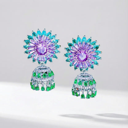 Colorful silver drop earrings with turquoise, purple and green cubic zirconia stones