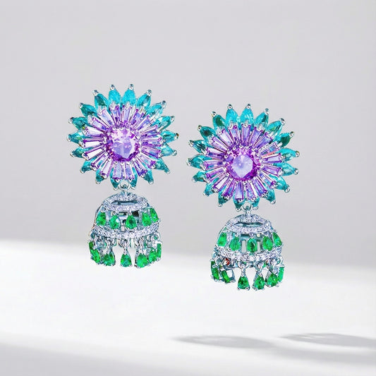 Colorful silver drop earrings with turquoise, purple and green cubic zirconia stones