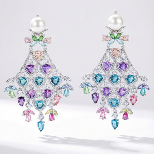 Colorful cubic zirconia chandelier earrings with large creamy pearl, pastel rhinestones, and silver metal for elegant and feminine look