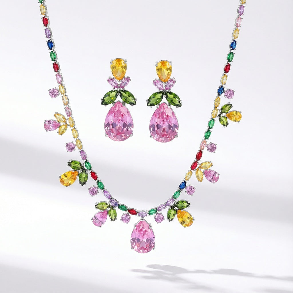 Colorful rhinestone necklace and earrings set with 5A cubic zirconia in pink, yellow and green spring colors