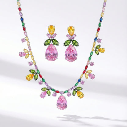 Colorful rhinestone necklace and earrings set with 5A cubic zirconia in pink, yellow and green spring colors
