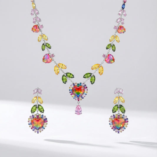 olorful rhinestone necklace and earrings set with green yellow and pink cubic zirconia and heart details