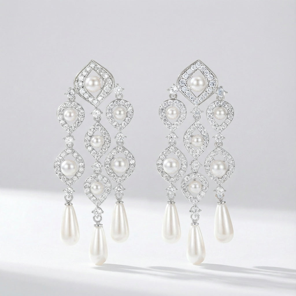 Cream pearl chandelier earrings with clear cubic zirconia rhinestones for soft and elegant timeless look