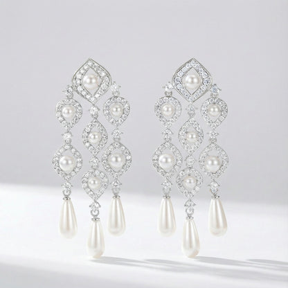 Cream pearl chandelier earrings with clear cubic zirconia rhinestones for soft and elegant timeless look