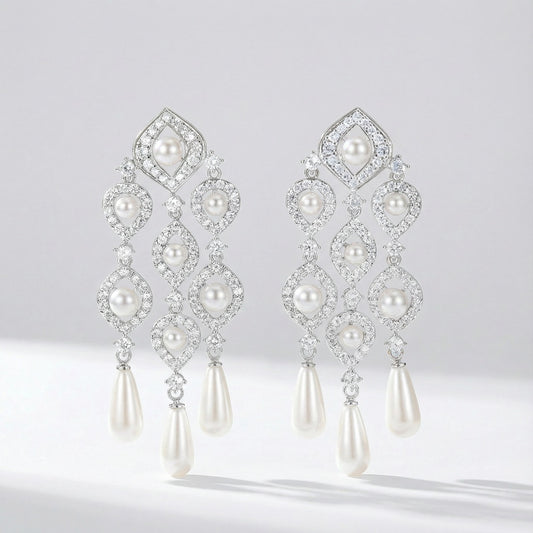 Cream pearl chandelier earrings with clear cubic zirconia rhinestones for soft and elegant timeless look