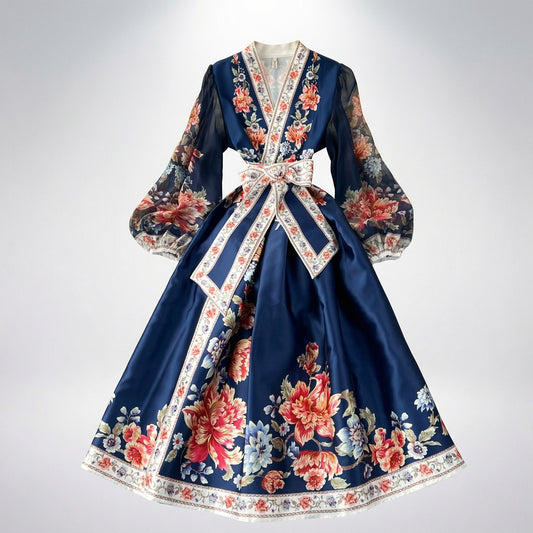 A navy blue Cynthia wrap maxi dress with red and gold floral patterns and sheer lantern sleeves laid flat.