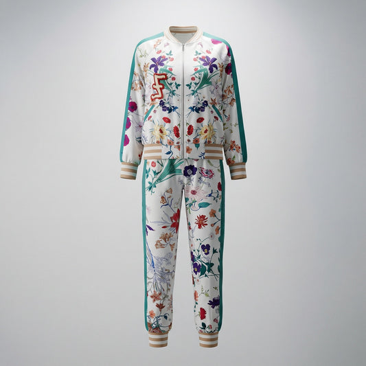 Woman wearing the Delia two-piece tracksuit featuring a floral print bomber jacket and matching joggers with teal side stripes.
