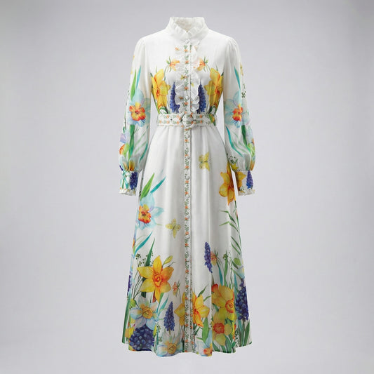 Elia white long sleeve maxi dress with yellow daffodil and blue hyacinth floral print and ruffled collar.