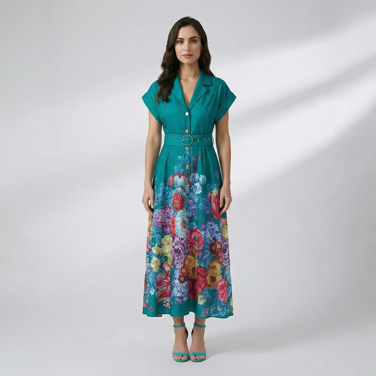 Front and back view of the Telma floral button-down maxi dress in teal and mint green featuring a belted waist and 130cm length.