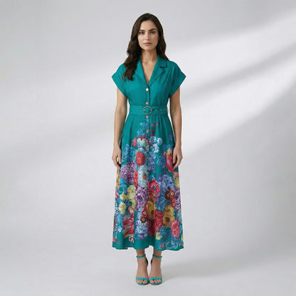 Front and back view of the Telma floral button-down maxi dress in teal and mint green featuring a belted waist and 130cm length.