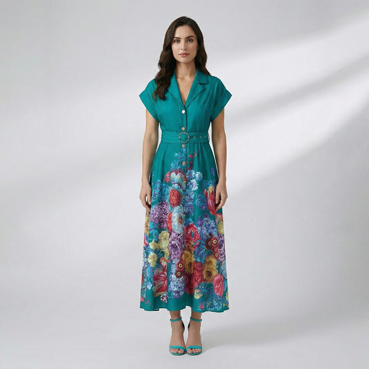 Front and back view of the Telma floral button-down maxi dress in teal and mint green featuring a belted waist and 130cm length.