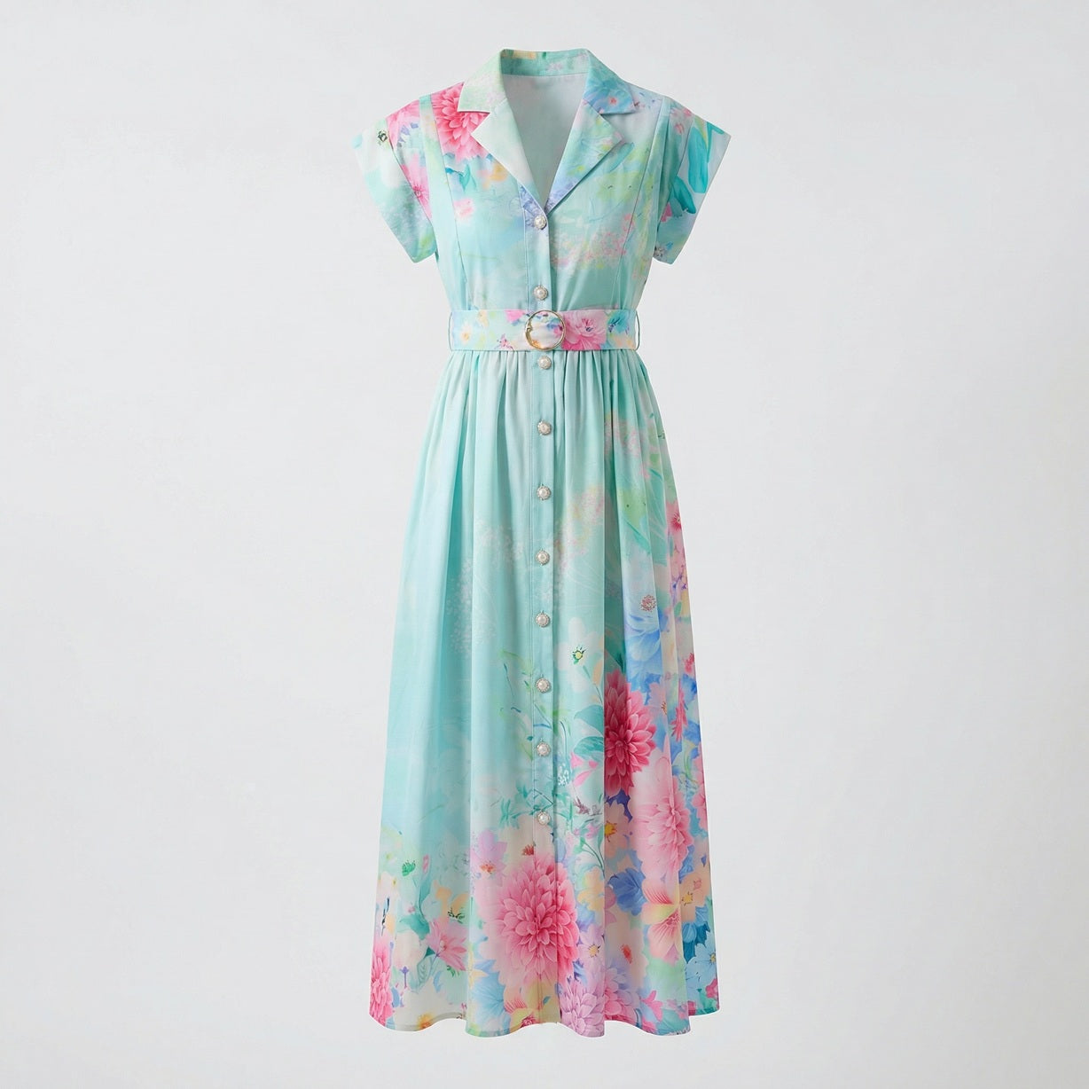 Front and back view of the Telma floral button-down maxi dress in teal and mint green featuring a belted waist and 130cm length.