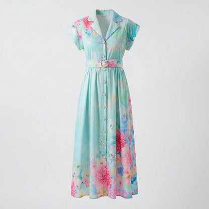 Front and back view of the Telma floral button-down maxi dress in teal and mint green featuring a belted waist and 130cm length.