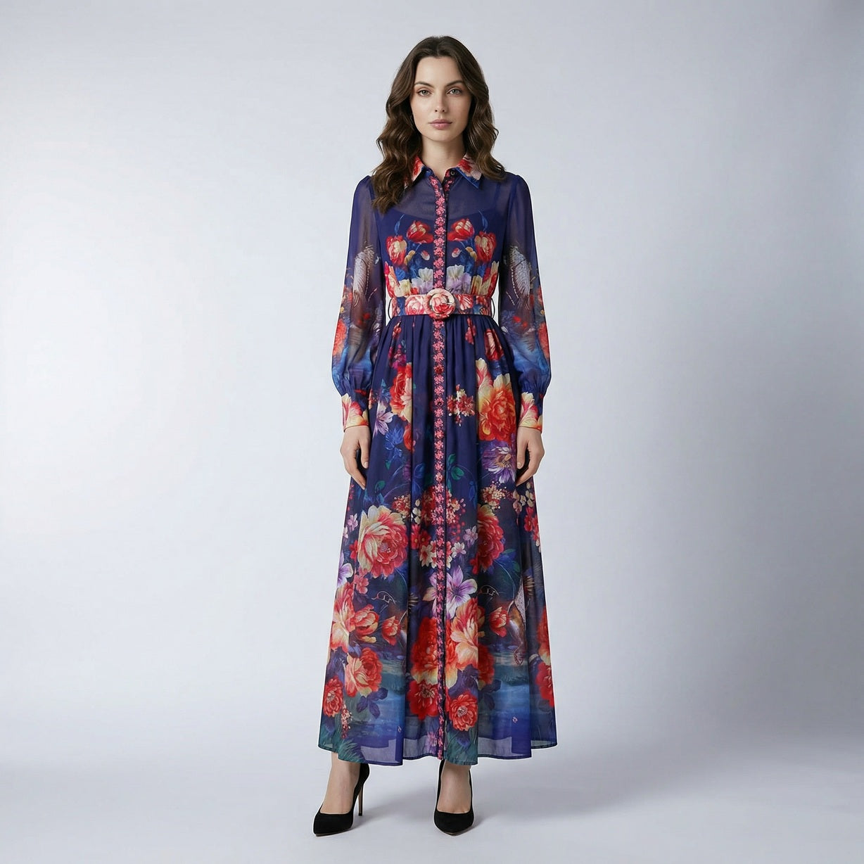 Model wearing the Emily 135cm maxi dress in a floor-length set silhouette.