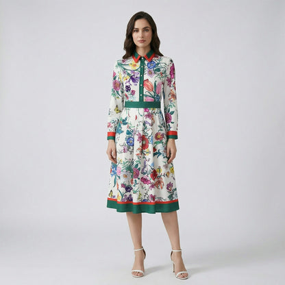 Model wearing the Eva Ivory White floral midi dress with long sleeves and green waist belt.