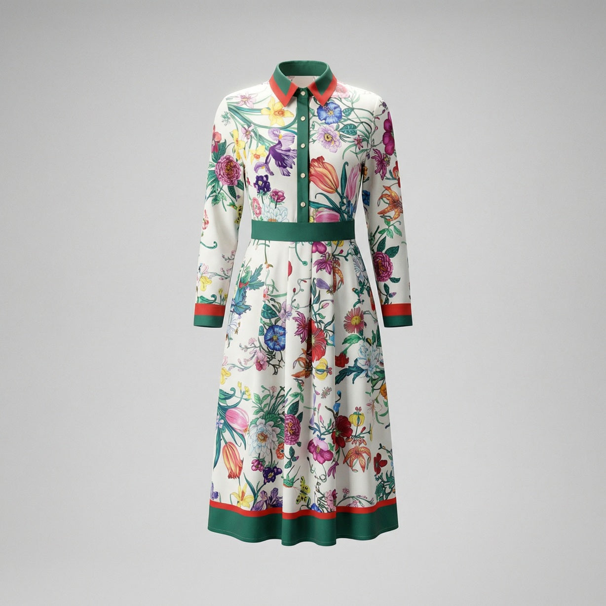 Model wearing the Eva Ivory White floral midi dress with long sleeves and green waist belt.