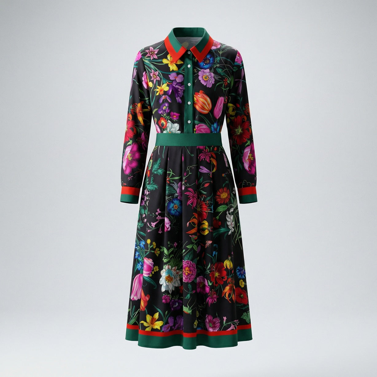 Flat lay of the Eva Midnight Black floral midi dress featuring vibrant flowers and red-green contrast trim.