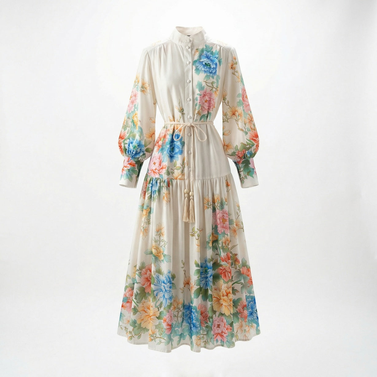 Cream-colored Fiorella maxi dress with colorful blue and pink floral print, featuring lantern sleeves and a tassel waist rope.