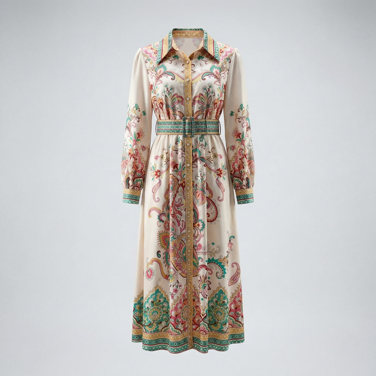 Front view of a woman wearing the Gail maxi dress, a cream-colored long-sleeve shirt dress with teal and coral paisley patterns and a matching belt.