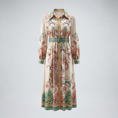 Front view of a woman wearing the Gail maxi dress, a cream-colored long-sleeve shirt dress with teal and coral paisley patterns and a matching belt.
