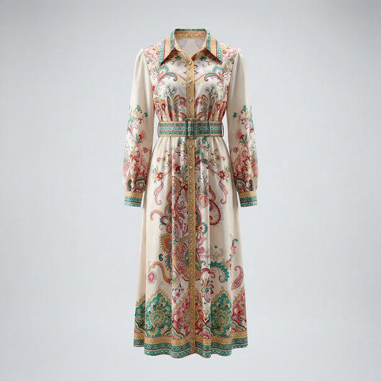 Front view of a woman wearing the Gail maxi dress, a cream-colored long-sleeve shirt dress with teal and coral paisley patterns and a matching belt.