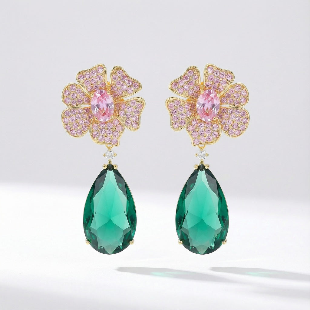 Garden inspired flower drop earrings with pink flower and emerald green cubic zirconia stone