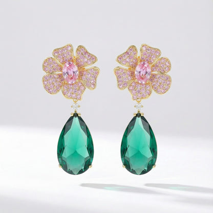 Garden inspired flower drop earrings with pink flower and emerald green cubic zirconia stone