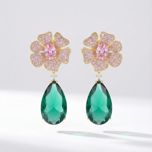 Garden inspired flower drop earrings with pink flower and emerald green cubic zirconia stone