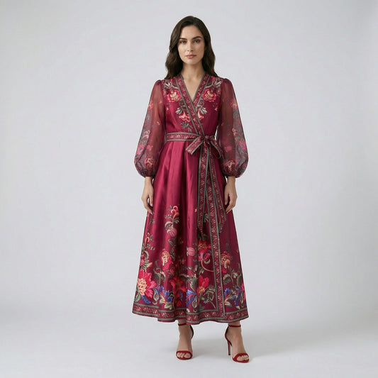 Garnet floral print maxi dress in deep wine red with sheer puff sleeves and wrap waist on a white display background.