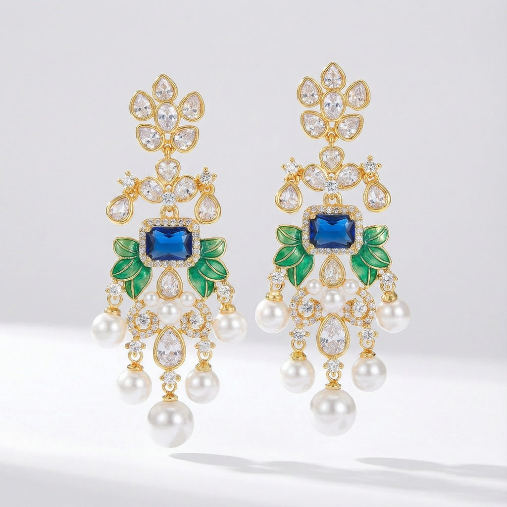 Gold chandelier earrings with cubic zirconia rhinestones and cream pearl teardrops 5.8 cm blue