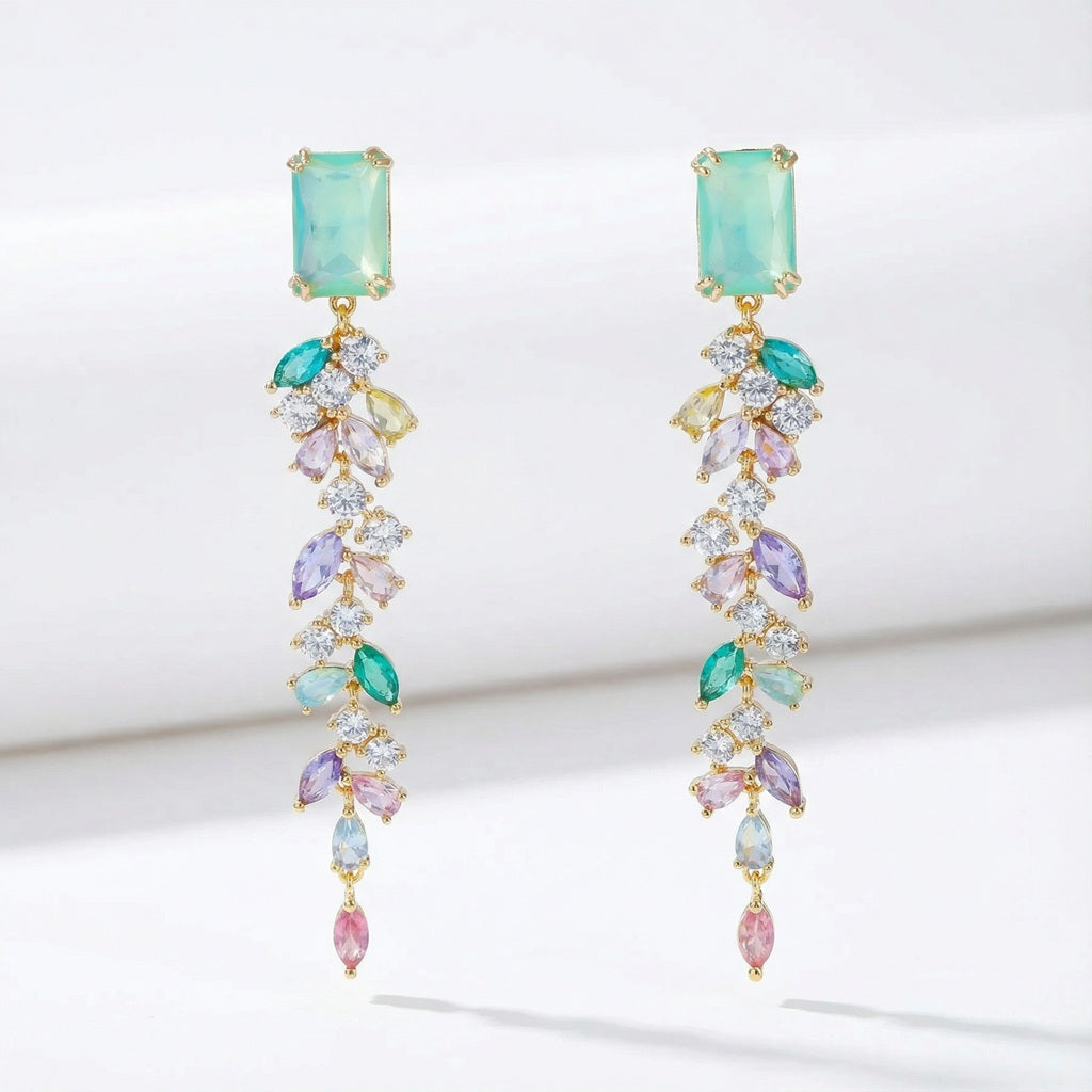Green and pink statement rhinestone earrings with milky aqua crystal and gold color metal