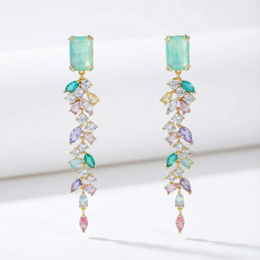 Green and pink statement rhinestone earrings with milky aqua crystal and gold color metal
