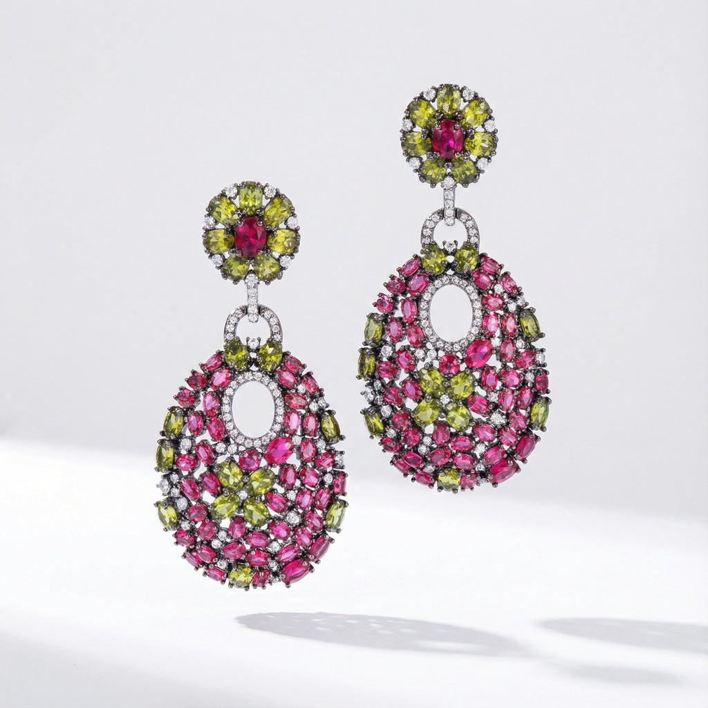 Green and pink teardrop rhinestone earrings with AAA cubic zirconia and floral stud in silver color metal