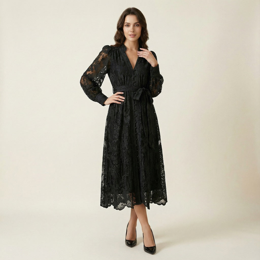 Hamida v-neck dress in black featuring romantic lace long sleeves and faux pearl buttons.