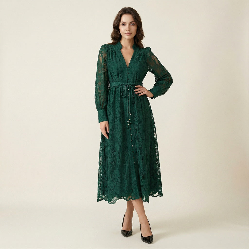 Hamida v-neck dress in emerald green featuring romantic lace long sleeves and faux pearl buttons.