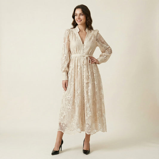 Hamida v-neck dress in white featuring romantic lace long sleeves and faux pearl buttons.