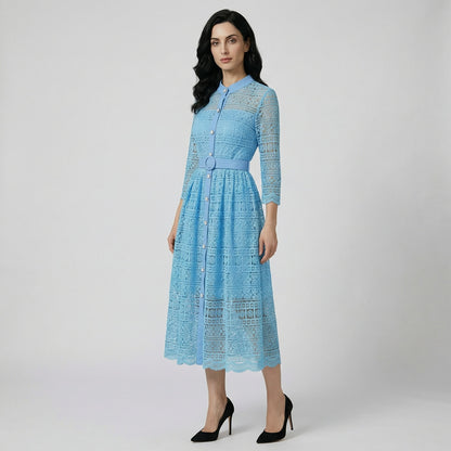Three Hannah lace midi dresses in pink, blue, and black featuring intricate floral patterns and pearl buttons.