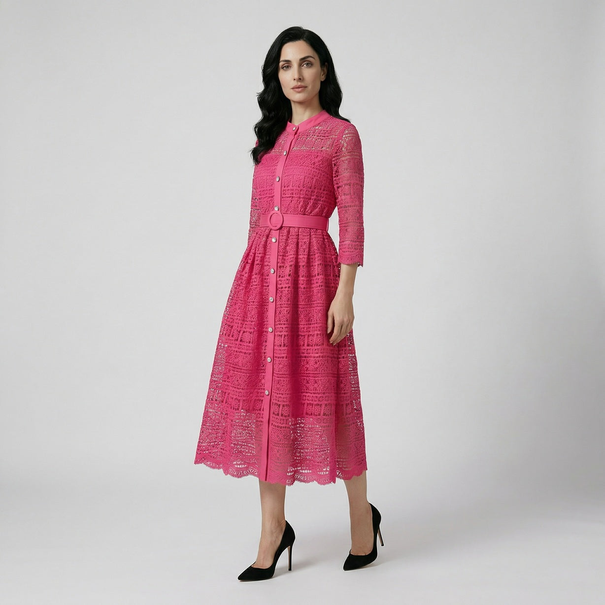 Three Hannah lace midi dresses in pink, blue, and black featuring intricate floral patterns and pearl buttons.