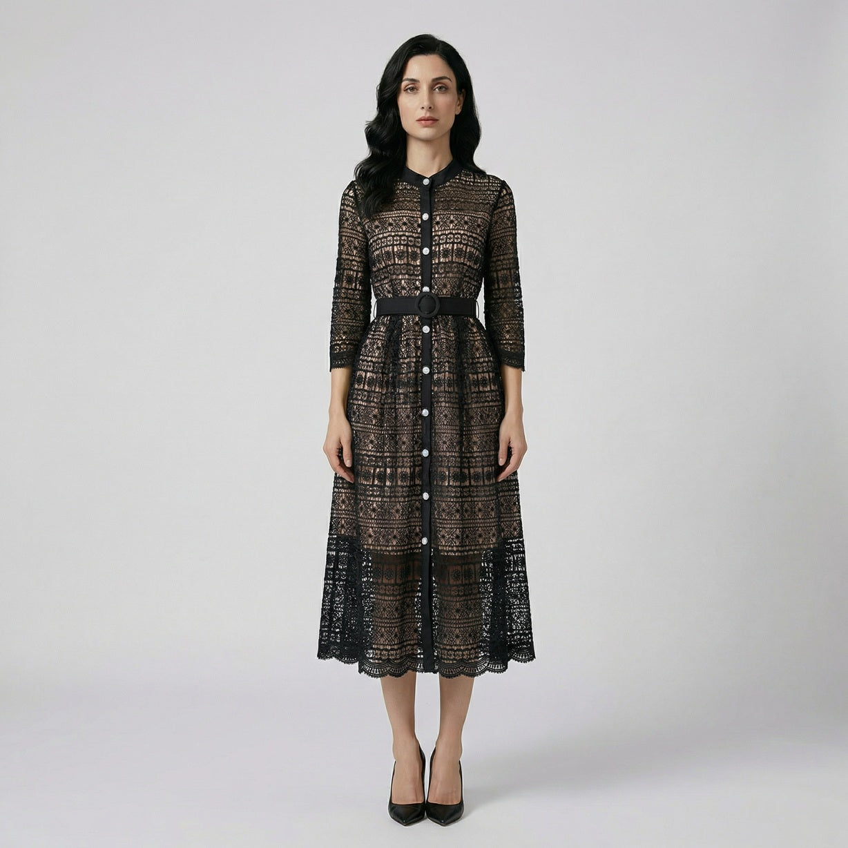 Three Hannah lace midi dresses in pink, blue, and black featuring intricate floral patterns and pearl buttons.