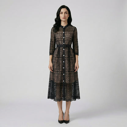 Three Hannah lace midi dresses in pink, blue, and black featuring intricate floral patterns and pearl buttons.