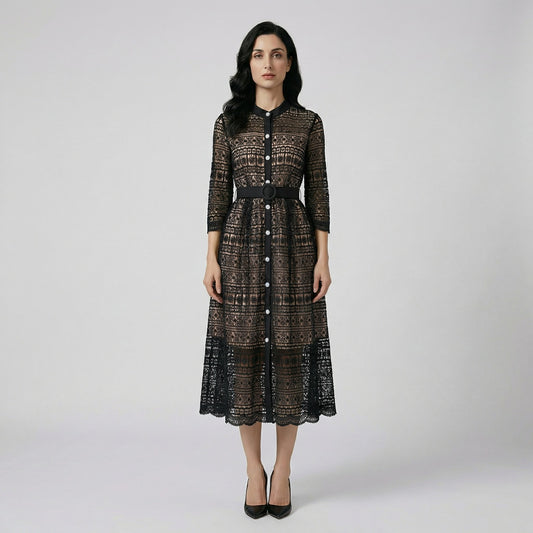 Three Hannah lace midi dresses in pink, blue, and black featuring intricate floral patterns and pearl buttons.