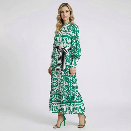 Heather long sleeve maxi dress featuring a red and white baroque print with a striped waist tie and 140cm length.