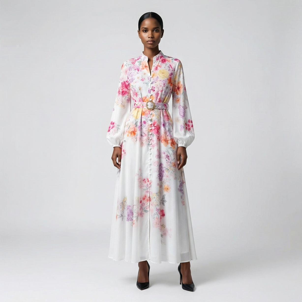 The Heba maxi dress in a 141 cm length featuring a long-sleeved ribbed knit bodice and a dramatic side-pleated accordion skirt with a matching waist belt.