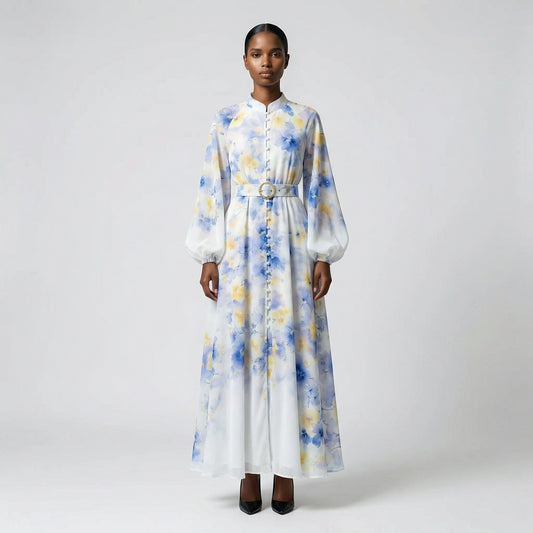 The Jana maxi dress in a 147 cm length featuring a long-sleeved ribbed knit bodice and a dramatic side-pleated accordion skirt with a matching waist belt.