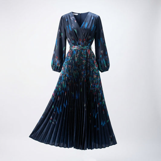 Front view of the Jane Butterfly Print Pleated Maxi Dress in navy blue featuring lantern sleeves and a buckled waist belt
