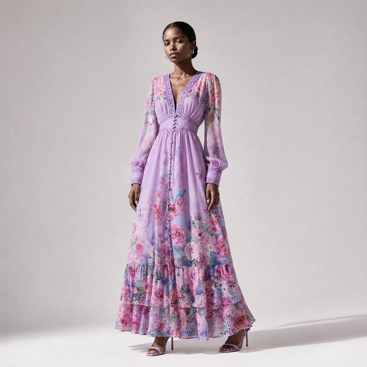 Janice Floral Maxi Dress | Elegant V-Neck Boho Chiffon Gown