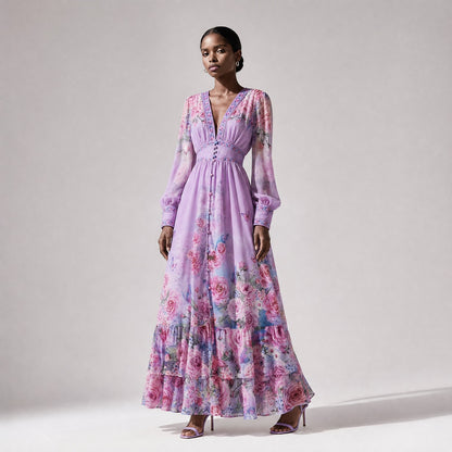 Janice Floral Maxi Dress - Elegant V-Neck Long Sleeve Chiffon Gown; Long-sleeved Janice floral maxi dress in light blue with tiered skirt and V-neckline, styled for a formal or casual event.