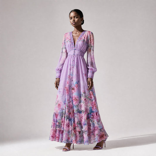 Janice Floral Maxi Dress - Elegant V-Neck Long Sleeve Chiffon Gown; Long-sleeved Janice floral maxi dress in light blue with tiered skirt and V-neckline, styled for a formal or casual event.