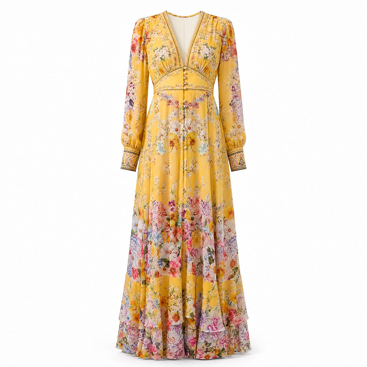 Janice Floral Maxi Dress | Elegant V-Neck Boho Chiffon Gown